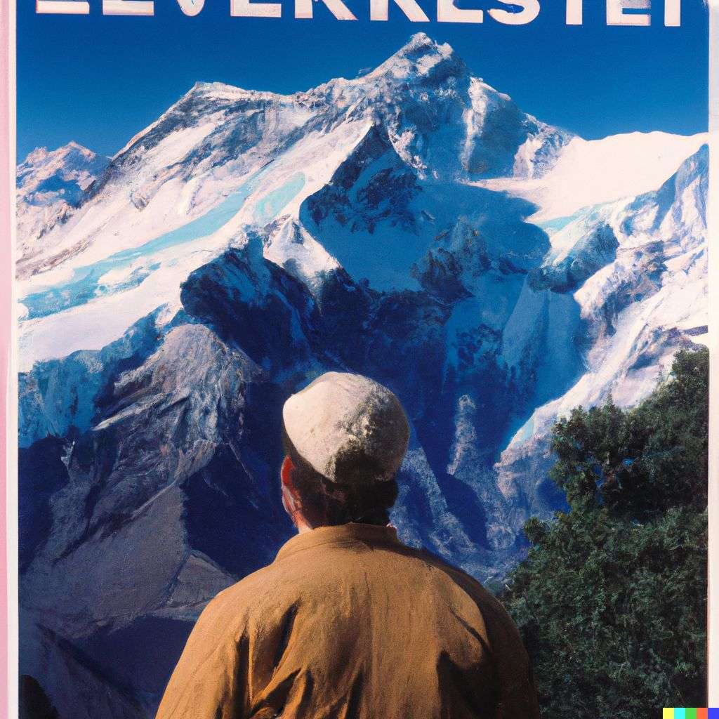 someone gazing at Mount Everest, advertisement from the '80s